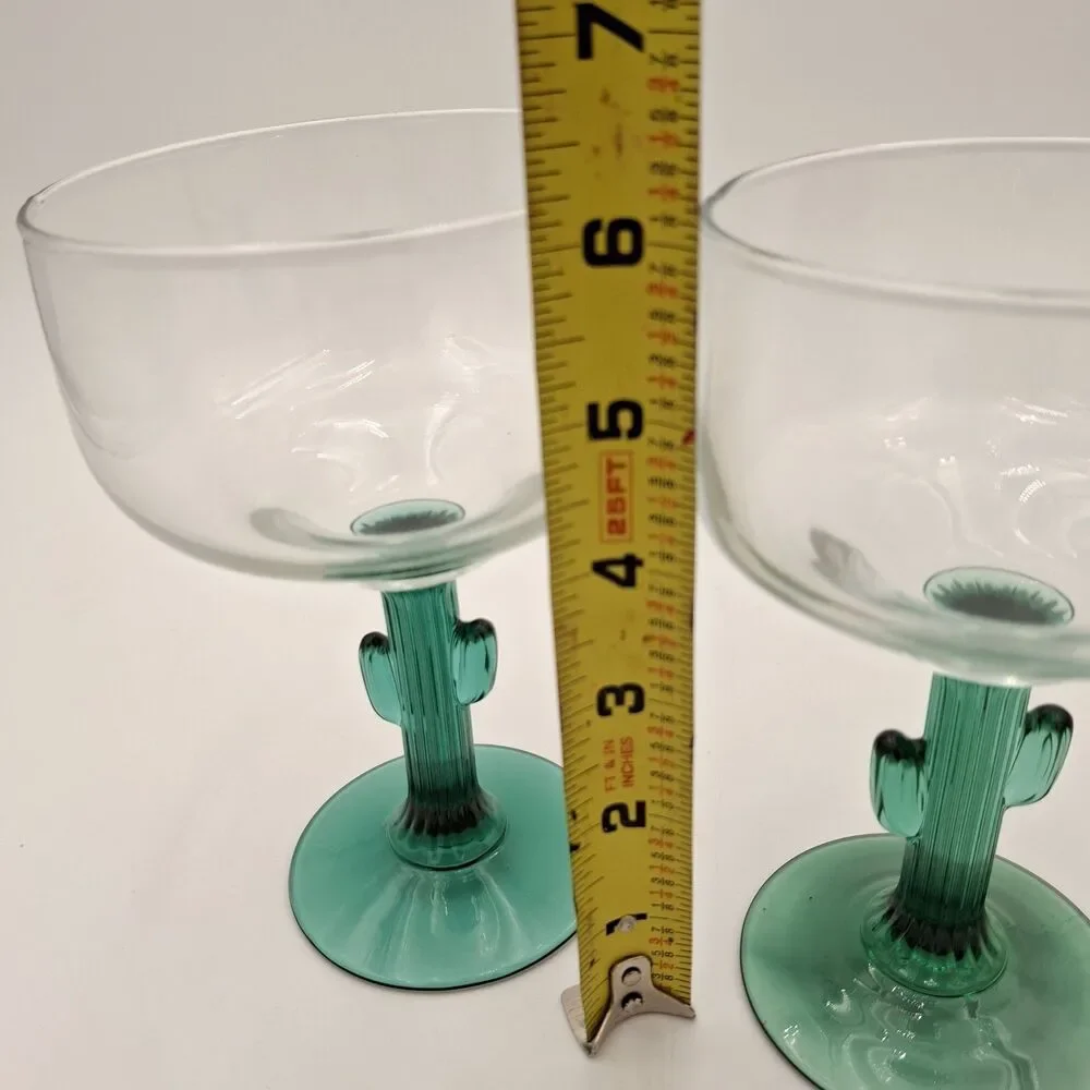 Libbey Margarita Cactus Stem Glasses, Green, Southwestern Fiesta Mixed Set of 2